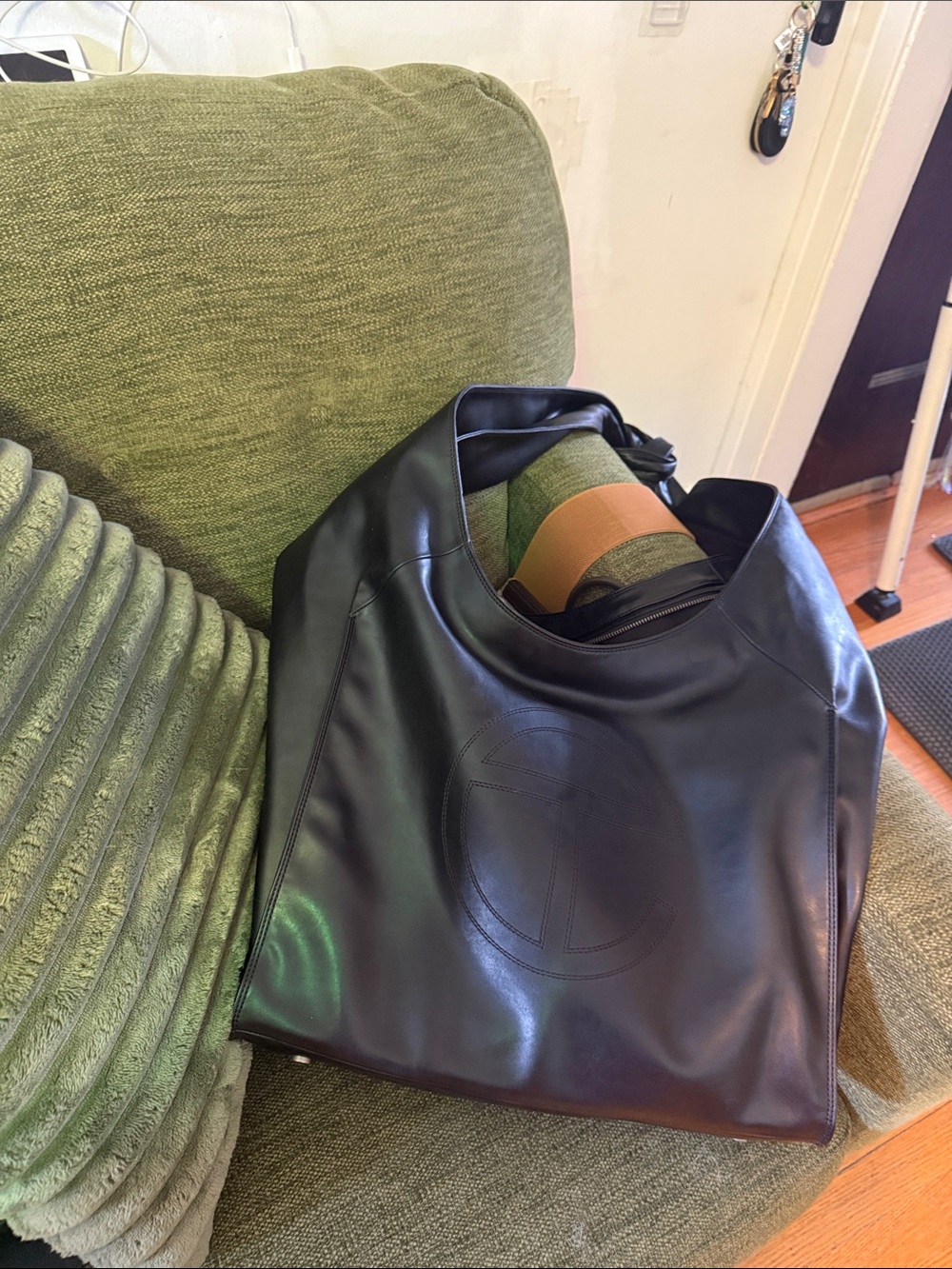 Telfar Black Leather Messenger Tote with Embossed Logo